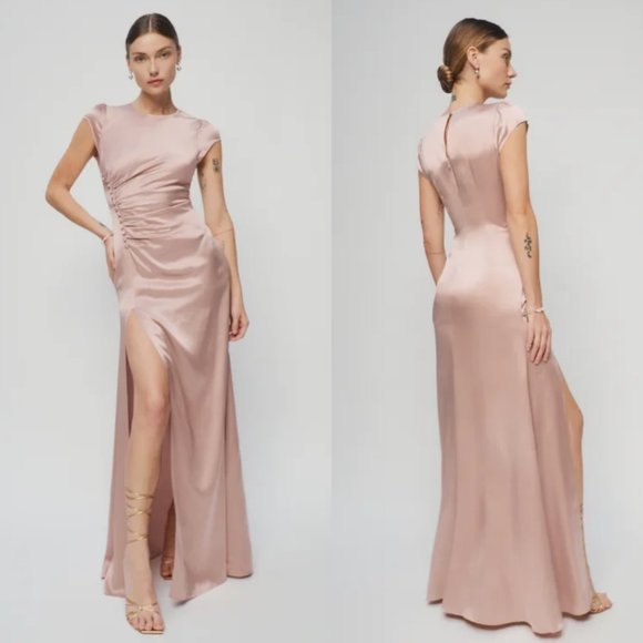 NWT Reformation Birch Maxi Silk Dress Sz 8 Blush Crew Neck Ruched Side Slit - Picture 2 of 10